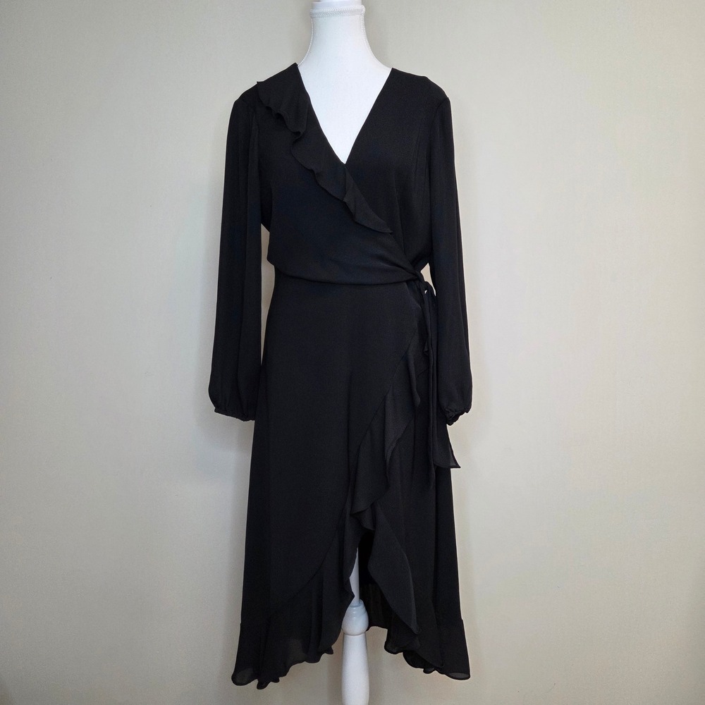 Parker Black Ruffle Wrap High Low Midi Dress Long Sleeve Size 8
